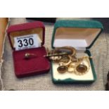 9ct gold and diamond ring, boxed cufflinks + assorted gold items
