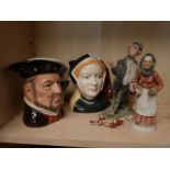 Doulton Henry VIII & Jane Seymour jugs + Italian figures x 2