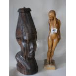 Heavyweight Carved African figure + Wooden Lady