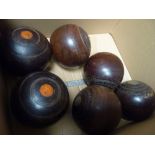 Box of Lignum Vitae Bowls 1930s by Wm Sykes, FH Ayres and Jaques