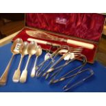 Set of Silver spoons, Silver tongs and bone handled servers