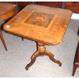 Victorian mahogany tripod table inlaid with bird decoration