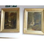 Pair of gilt-framed River scene oil paintings
