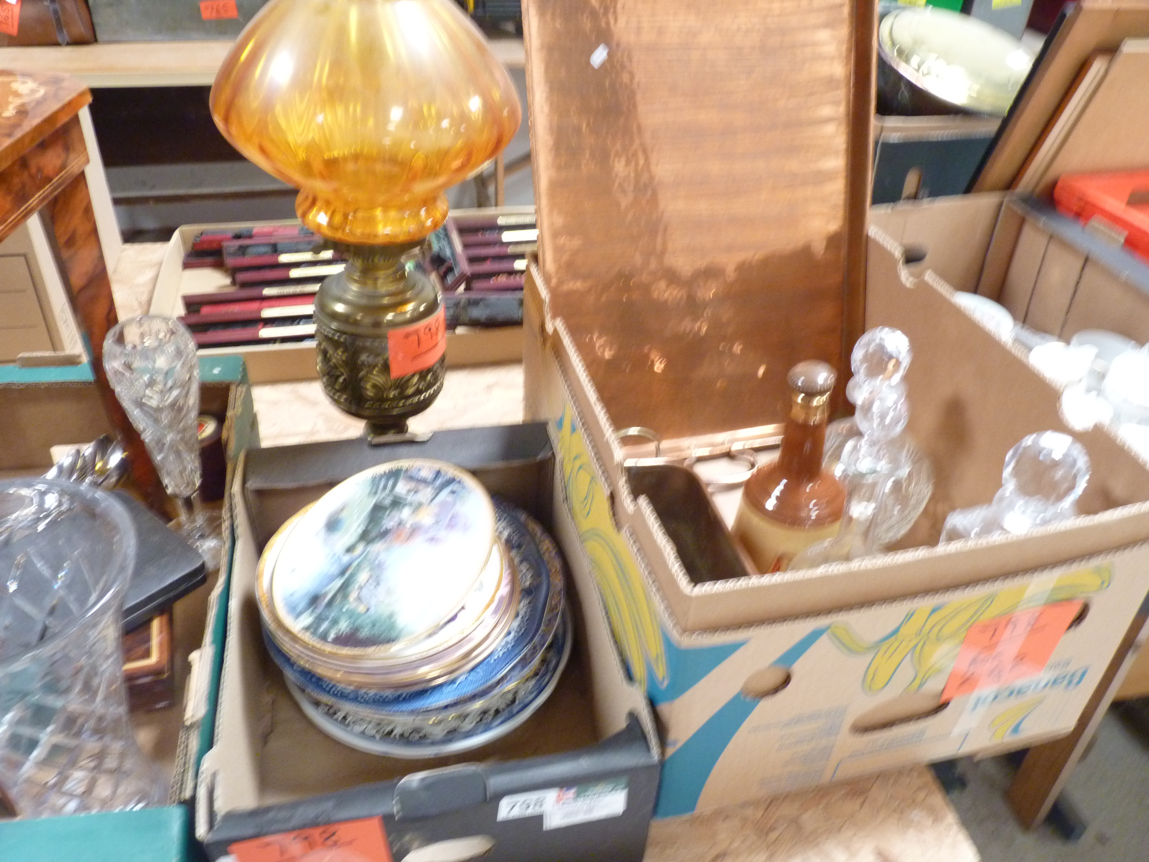 2 boxes copper, oil lamp etc.