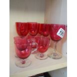 Set of Ruby glass sherry glasses and cups