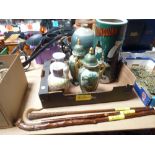 1 box ironstone walking sticks etc.