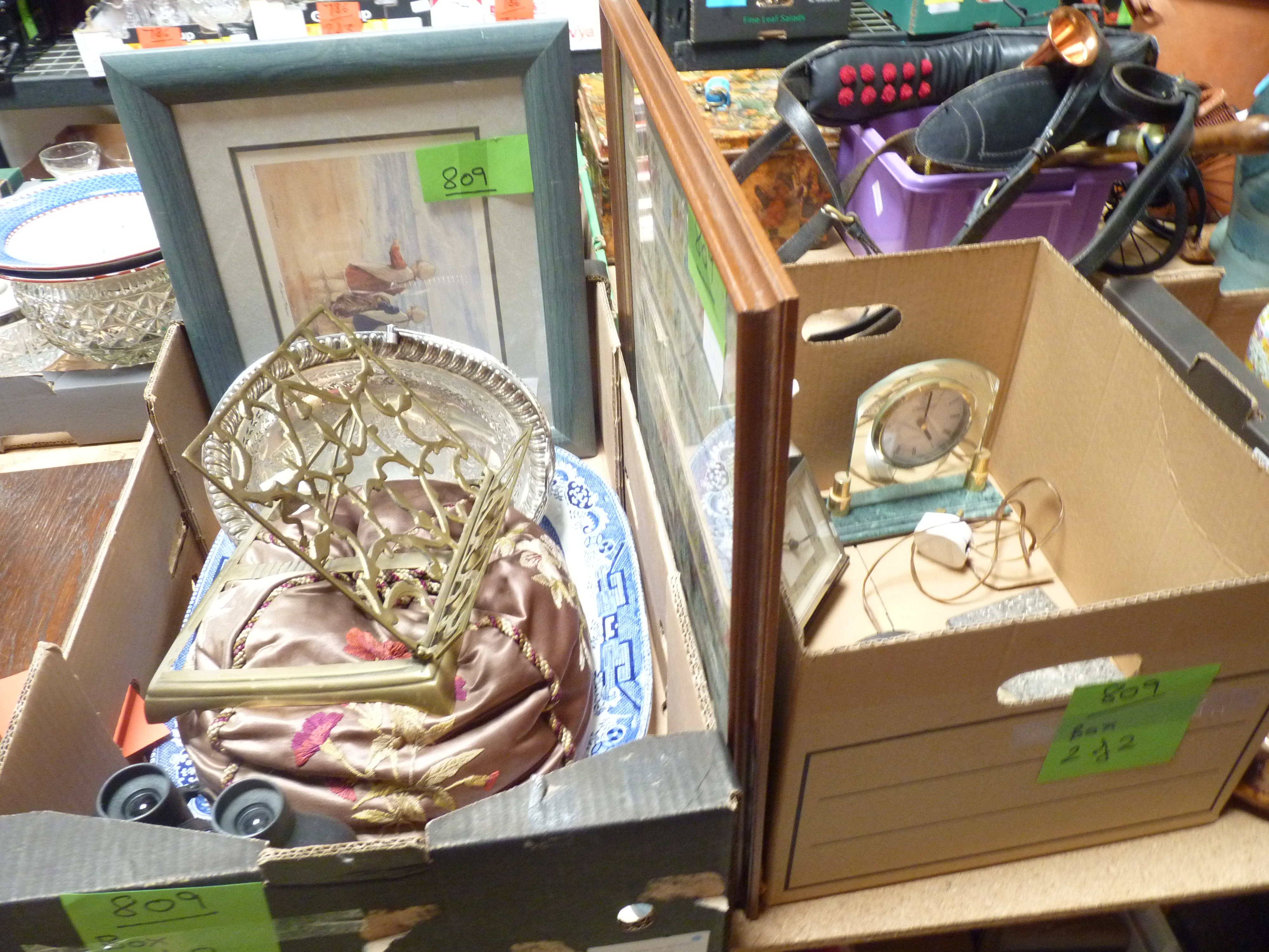 2 boxes, brass , clocks, plated etc.