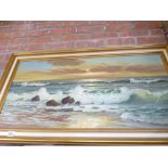 Oil on canvas of Beachfront seaside scene