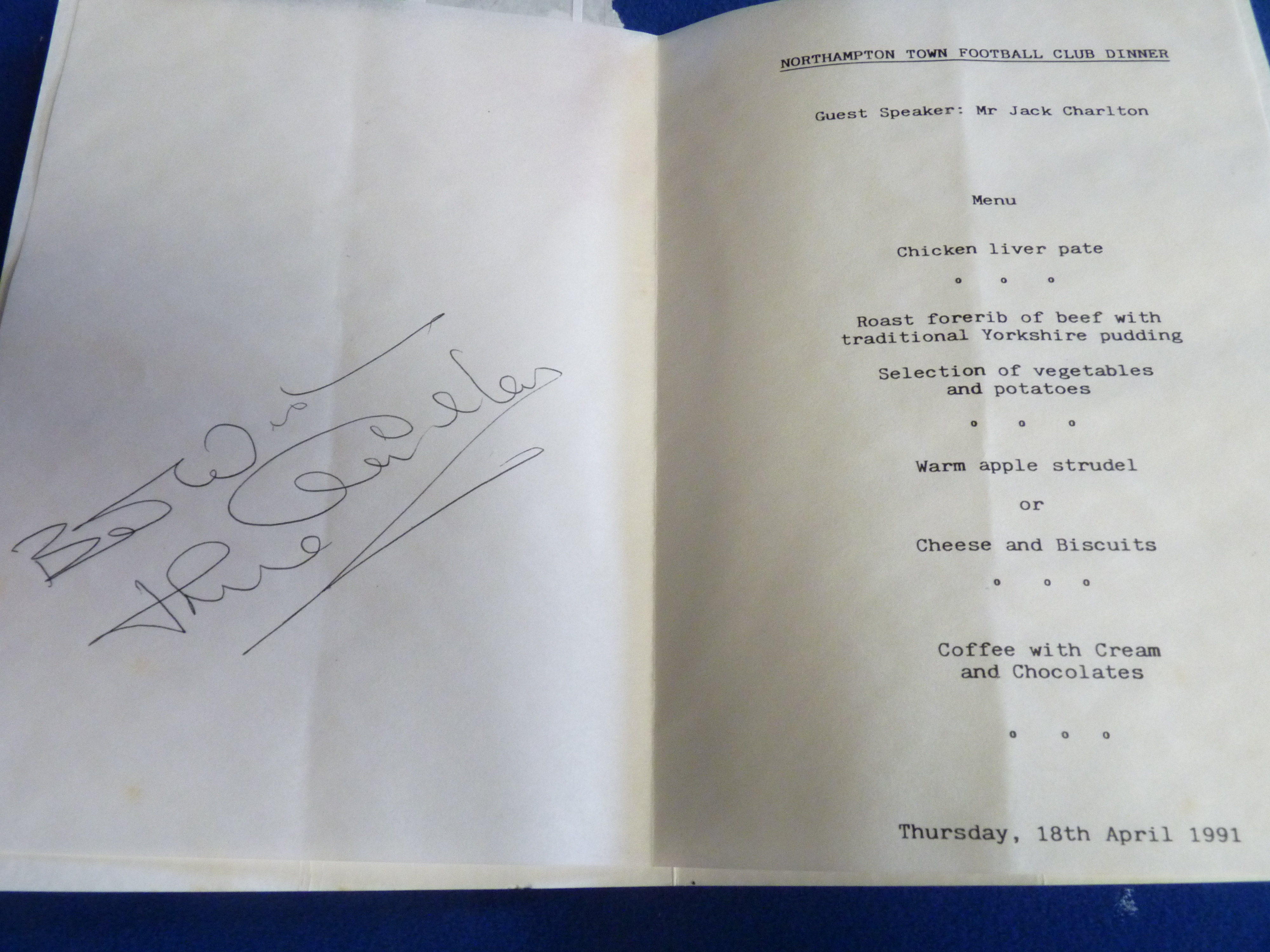 Signed Jack Charlton dinner menu