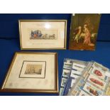 Various framed pictures, cigarette cards and banknotes