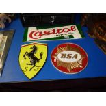 Ferrari, BSA & Castrol wall plaques