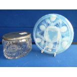 Cut glass lidded jar and blue glass bowl