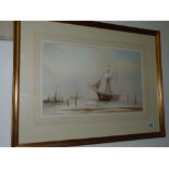 A watercolour of Topsail schooner beached Whitby Harbour' by David Bell 1996
