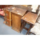 Trunk, drop leaf table, cupboard and misc. furniture