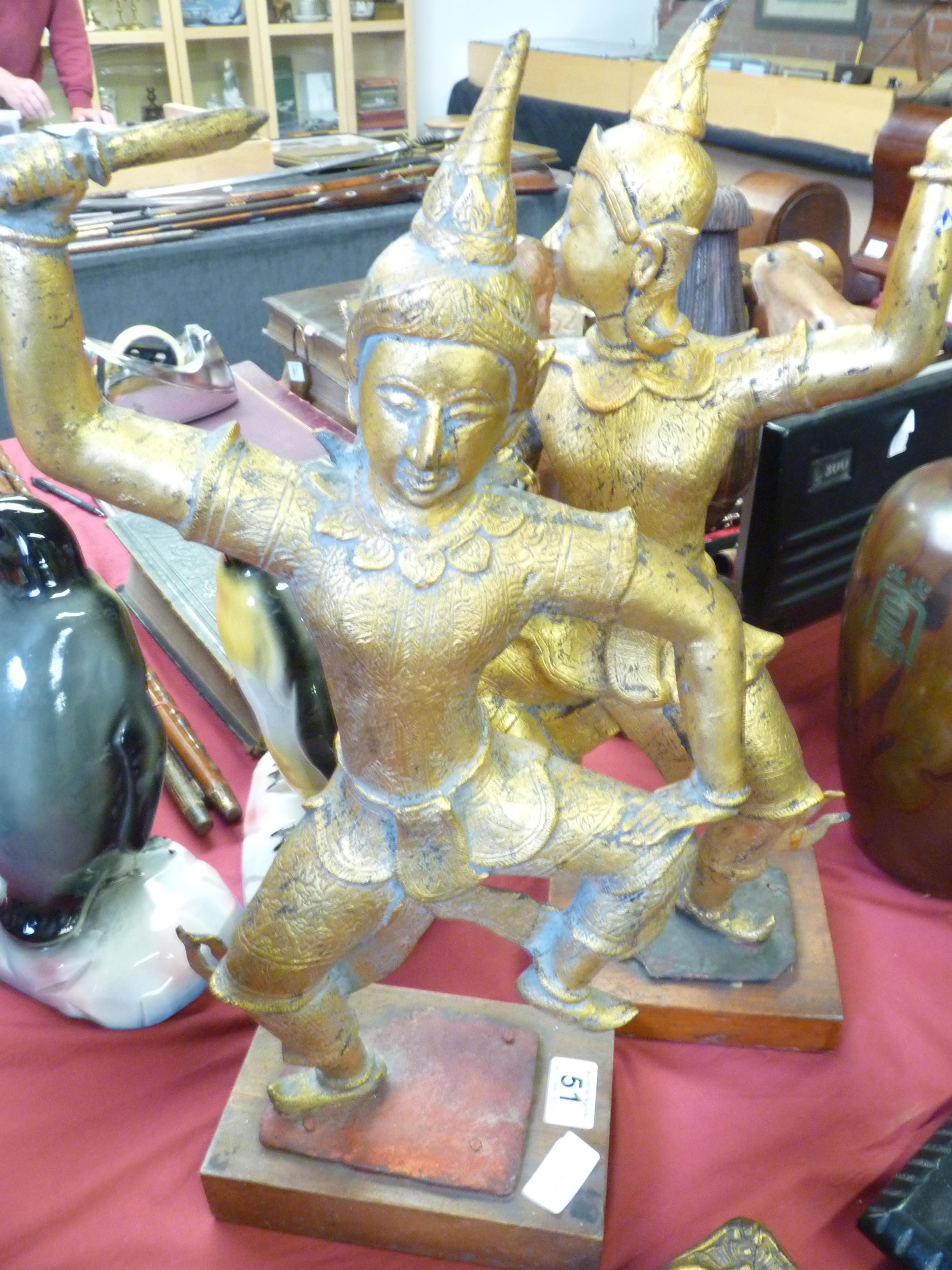 A pair of 56cm Oriental metal fighting figures