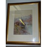 F Rousse Signed harbour scene watercolour of Whitby