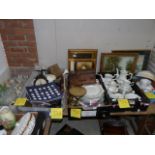 4 boxes of brass, glass, scales, tea ware and prints