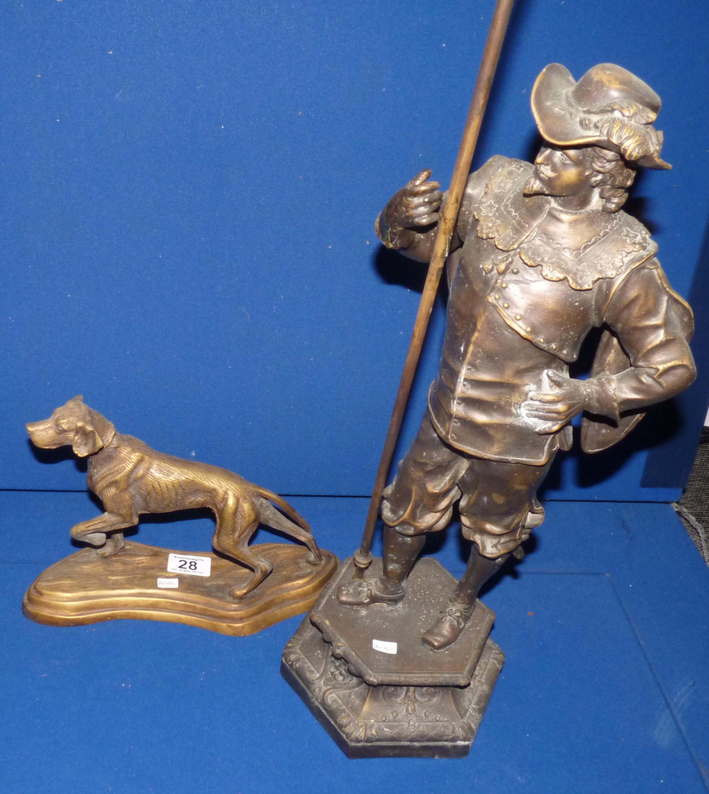 Metallic hunting dog and musketeer figures