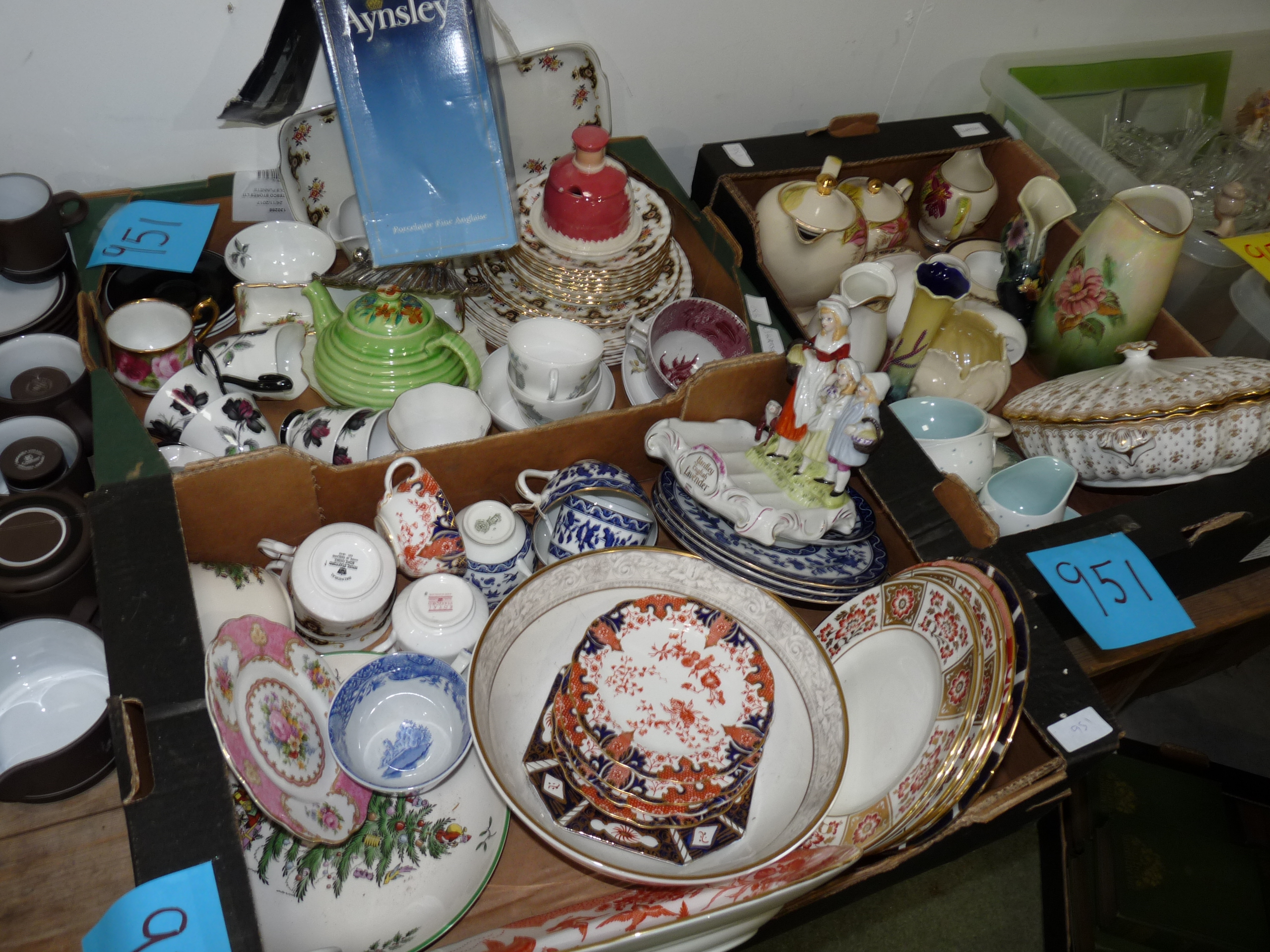 3 boxes of good ceramics incl Royal Crown Derby, Shelley, Spode, Doulton , some silver and Sadler