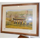 Horse racing heading for the first fence watercolour