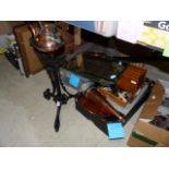 2 boxes of copper, brass and cutlery plus cast iron tea stand