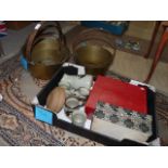 Set of brass jam pans and box of pottery and glasses