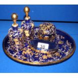 Blue and gold glass floral dressing table set