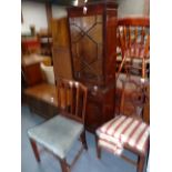 Oak blanket box, 2 mahogany dining chairs and cabinet