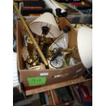 Box of brass carriage clocks and lamps