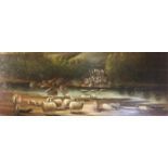 A 19TH CENTURY PROVINCIAL SCHOOL OIL ON PANEL, SHEPHERD AND FLOCK With sheep at a river crossing. (w