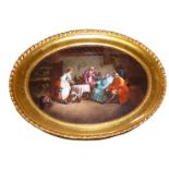 A LARGE CONTINENTAL PORCELAIN OVAL PLAQUE Titled 'La Bergere des Alles', interior farmhouse scene,