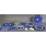 A COLLECTION OF VICTORIAN AND LATER WEDGWOOD JASPERWARE Comprising trinket trays, kettle stand, a