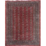 A LARGE MIDDLE EASTERN BOKHARA RUG With elephant foot gulls and hooked lozenges on a red ground,
