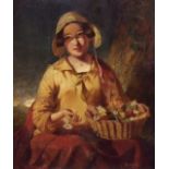 A VICTORIAN OIL ON PANEL Portrait of a female flower seller with basket, signed lower right 'C