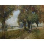 TOM TERRIS, SCOTTISH, 1897 - 1940, WATERCOLOUR Landscape, titled 'By The Riverside', figures near