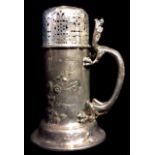 A VICTORIAN SILVER CYLINDRICAL SUGAR SIFTER With pierced dome lid, Oriental dragon handle and