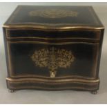 A 19TH CENTURY FRENCH BRASS INLAID CAVE A LIQUOR TANTALUS SET The hinged top inlaid with scrolled