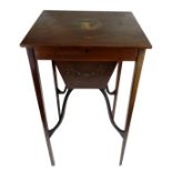 A 19TH CENTURY MAHOGANY AND INLAID LADIES' WORK TABLE With hand painted decoration and hinged lid