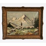 AN EARLY 20TH CENTURY OIL ON CANVAS Shepherd and his flock in a mountain landscape, giltwood and