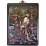 A SET OF FOUR CHINESE REVERSE GLASS PAINTINGS Beautiful ladies in landscapes, in hardwood frames. (