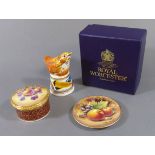 ROYAL WORCESTER, THREE PORCELAIN ITEMS To include a trinket box, hand painted with fruit by J.