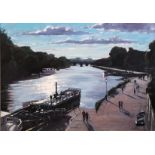 CHARLES ROWBOTHAM, A 20TH CENTURY BRITISH OIL ON BOARD Titled 'Sunset on the River, Kingston',