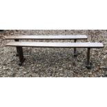 A PAIR OF 19TH CENTURY FRENCH PROVINCIAL OAK BENCHES. (201cm x 47cm)