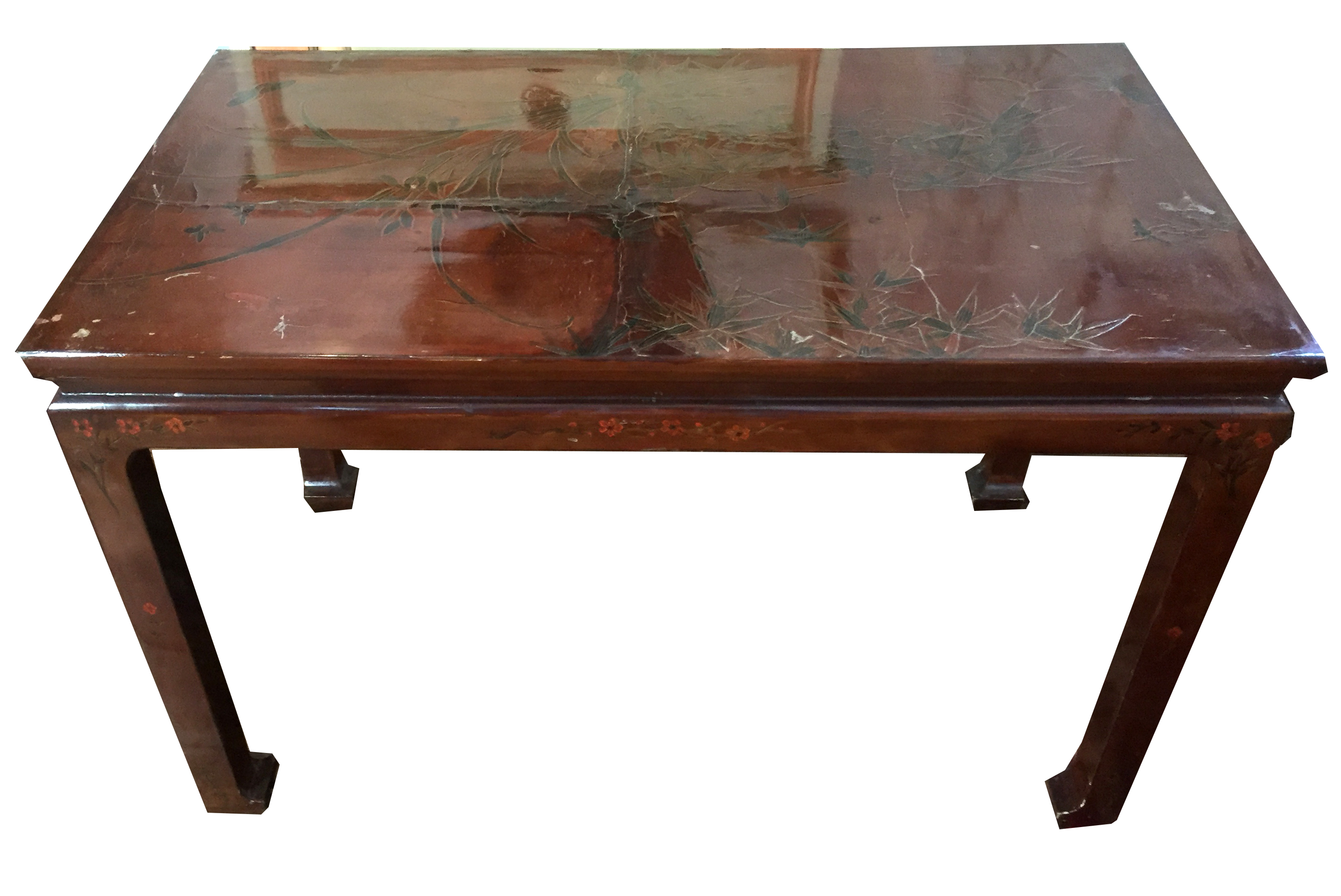 A CHINESE DESIGN LACQUERED SIDE TABLE With butterfly and foliate decoration. (h 48cm x w 74cm x d