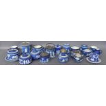 A COLLECTION OF VICTORIAN AND LATER WEDGWOOD JASPERWARE Comprising jam pots with silver plated lids,