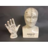 L.N. FOWLER, A CERAMIC PHRENOLOGY HEAD Together with a Pseudo science 'palm reading hand'.