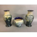 ROYAL DOULTON, A PAIR GLAZED STONEWARE VASES Everted rim over floral decoration, stamped to the