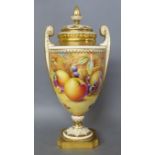 ROYAL WORCESTER, A LARGE CLASSICAL FORM PORCELAIN VASE AND COVER Twin handled and hand painted