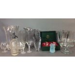 A COLLECTION OF 20TH CENTURY CUT LEAD CRYSTAL ITEMS Comprising three water jugs, a pair of