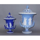 TWO 19TH CENTURY WEDGWOOD JASPERWARE POT POURI CAMPAGNA URN AND COVER Twin handled and having pale